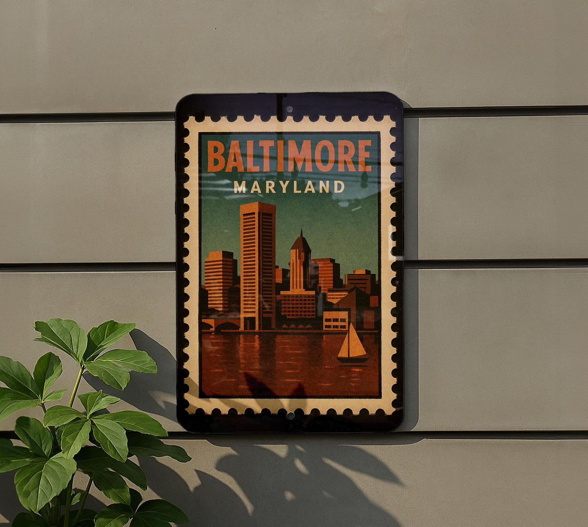 Baltimore Maryland Postage Stamp Metal Sign – Retro Travel Design Featuring City Landmarks and Vintage Mail Theme — photo 5