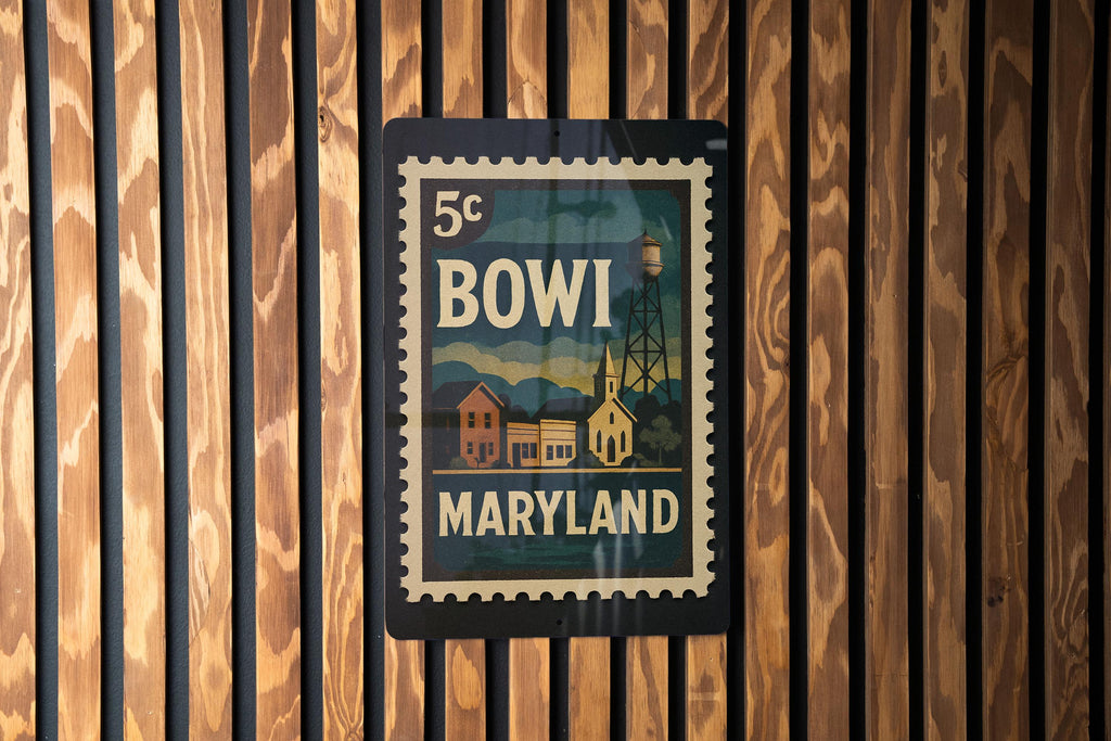 Bowie Maryland Metal Sign Featuring Retro Postage Stamp Design of City Landmarks and Scenic Views — photo 1