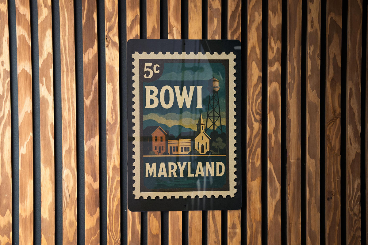 Bowie Maryland Metal Sign Featuring Retro Postage Stamp Design of City Landmarks and Scenic Views — photo 1