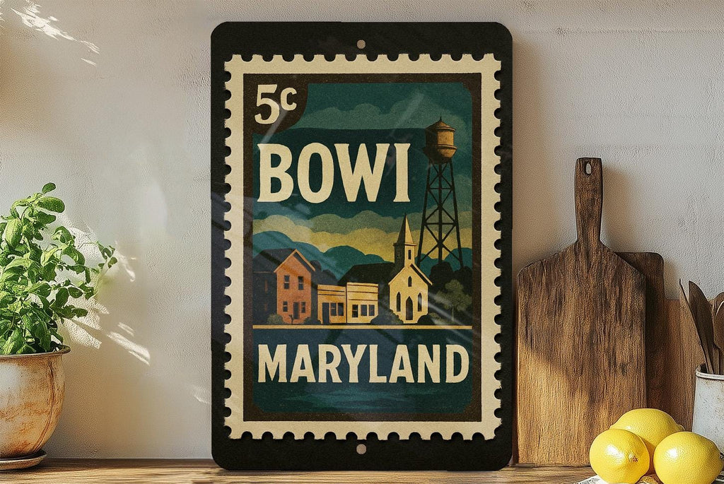 Bowie Maryland Metal Sign Featuring Retro Postage Stamp Design of City Landmarks and Scenic Views — photo 2