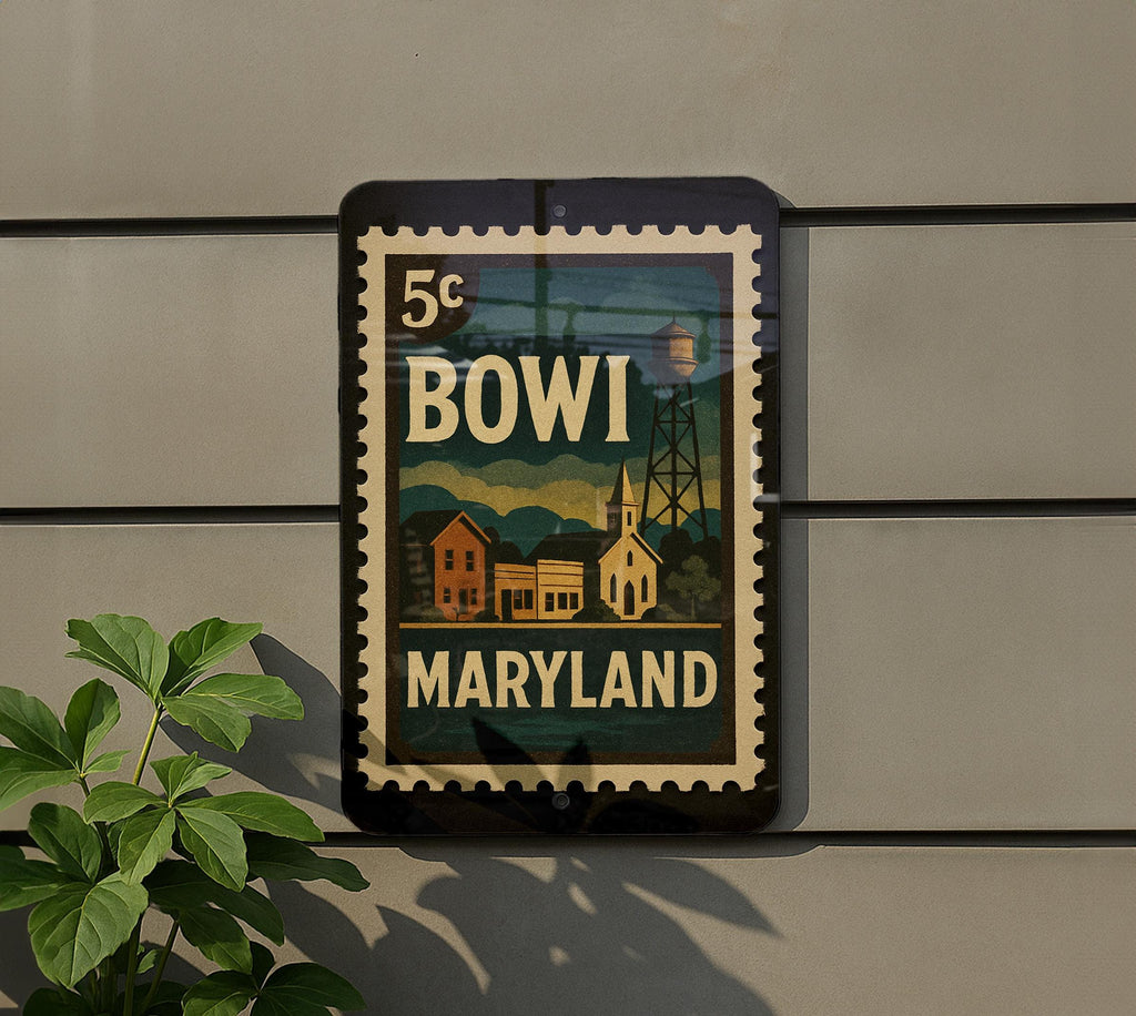 Bowie Maryland Metal Sign Featuring Retro Postage Stamp Design of City Landmarks and Scenic Views — photo 5