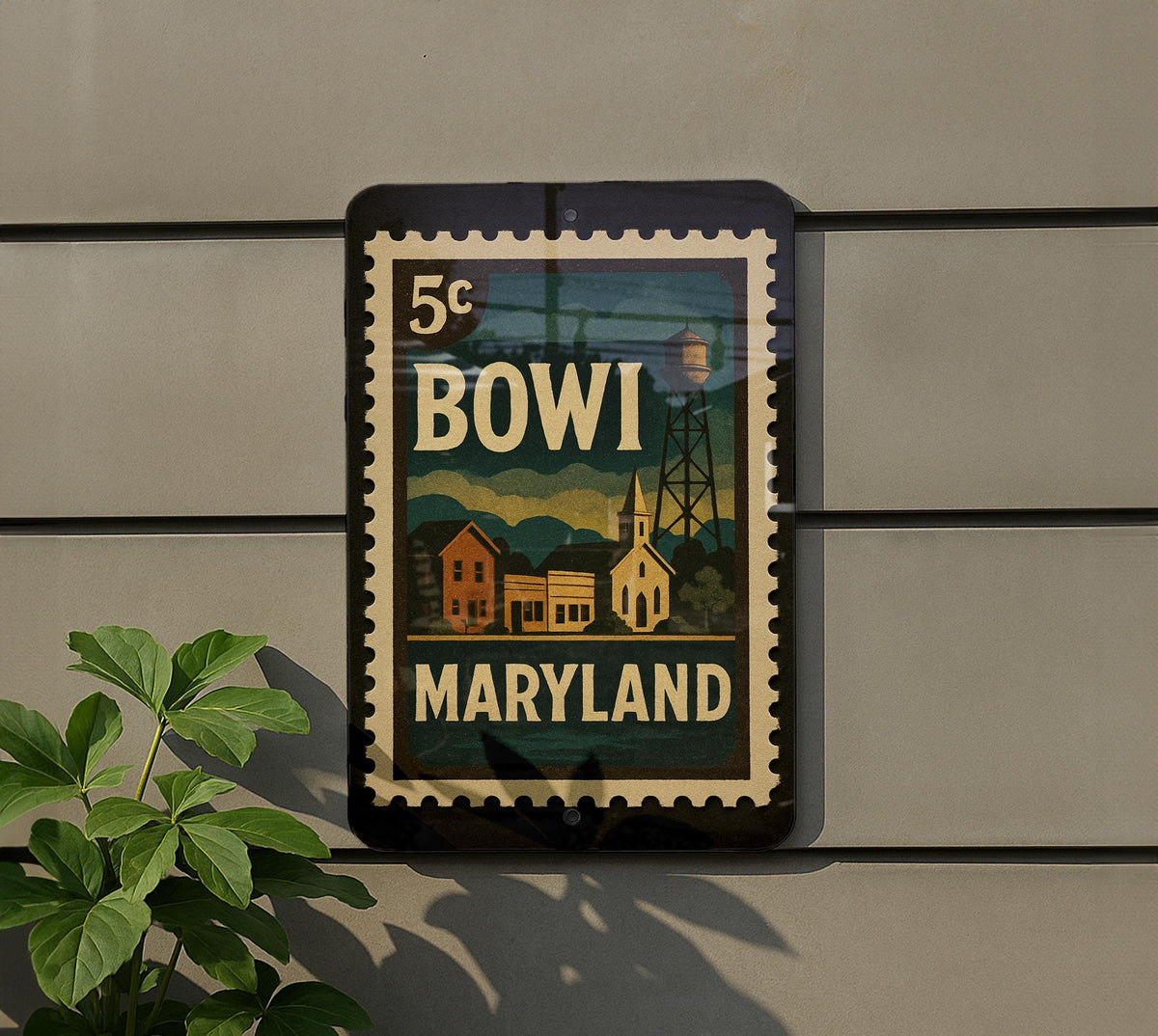 Bowie Maryland Metal Sign Featuring Retro Postage Stamp Design of City Landmarks and Scenic Views — photo 5