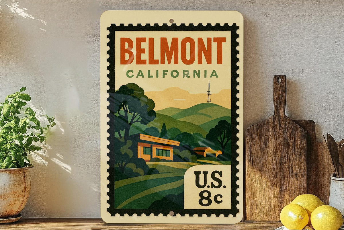 Belmont California Metal Sign – Retro Postage Stamp Design Featuring Scenic City Landmark and Travel Theme Decor — photo 2