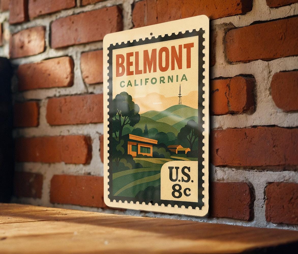 Belmont California Metal Sign – Retro Postage Stamp Design Featuring Scenic City Landmark and Travel Theme Decor — photo 3