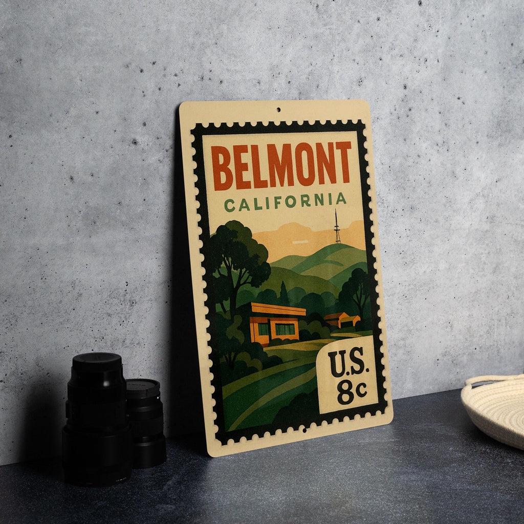 Belmont California Metal Sign – Retro Postage Stamp Design Featuring Scenic City Landmark and Travel Theme Decor — photo 4