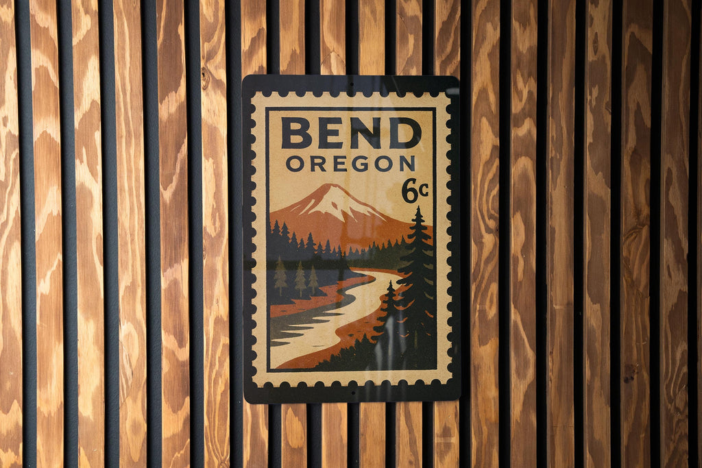 Bend Oregon Metal Sign – Retro Postage Stamp Design Featuring Mountains, Trees, and Outdoor Scenery — photo 2
