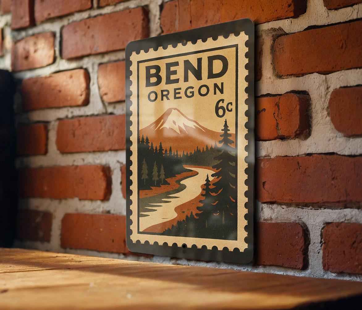 Bend Oregon Metal Sign – Retro Postage Stamp Design Featuring Mountains, Trees, and Outdoor Scenery — photo 4