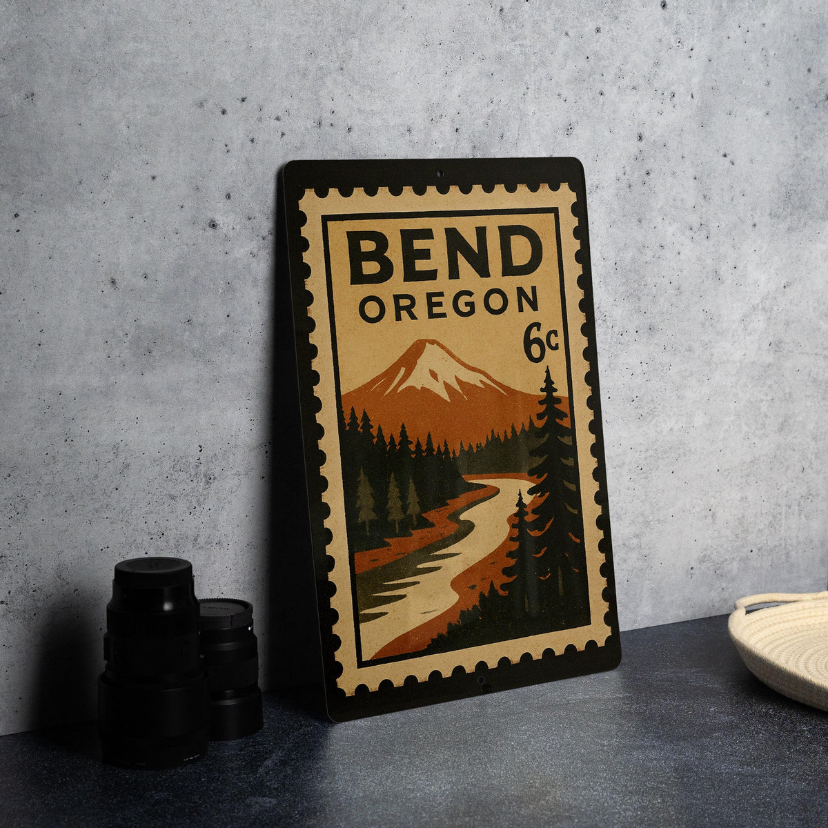 Bend Oregon Metal Sign – Retro Postage Stamp Design Featuring Mountains, Trees, and Outdoor Scenery — photo 5