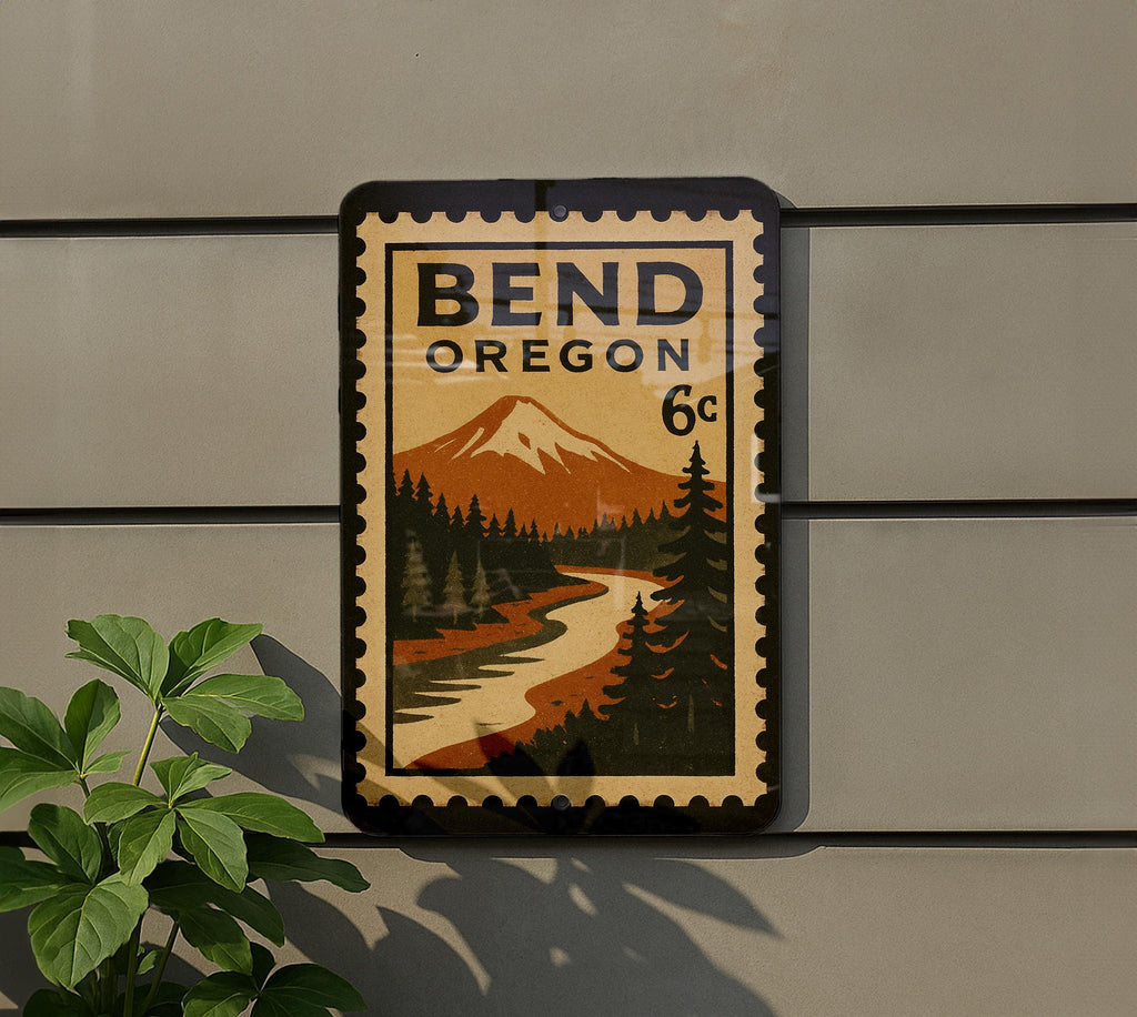 Bend Oregon Metal Sign – Retro Postage Stamp Design Featuring Mountains, Trees, and Outdoor Scenery — photo 6