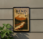 Bend Oregon Metal Sign – Retro Postage Stamp Design Featuring Mountains, Trees, and Outdoor Scenery — photo 6