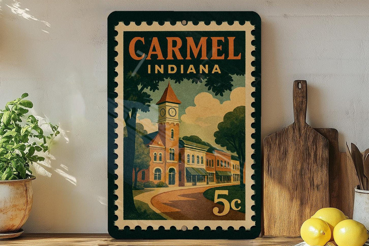 Carmel Indiana Retro Postage Stamp Metal Sign – Vintage Travel-Inspired Wall Decor Featuring Iconic City Design — photo 1