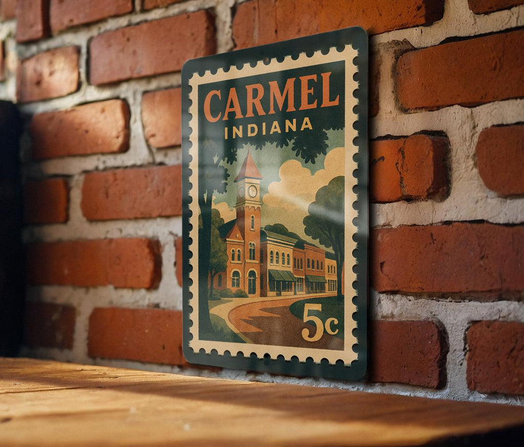 Carmel Indiana Retro Postage Stamp Metal Sign – Vintage Travel-Inspired Wall Decor Featuring Iconic City Design — photo 2