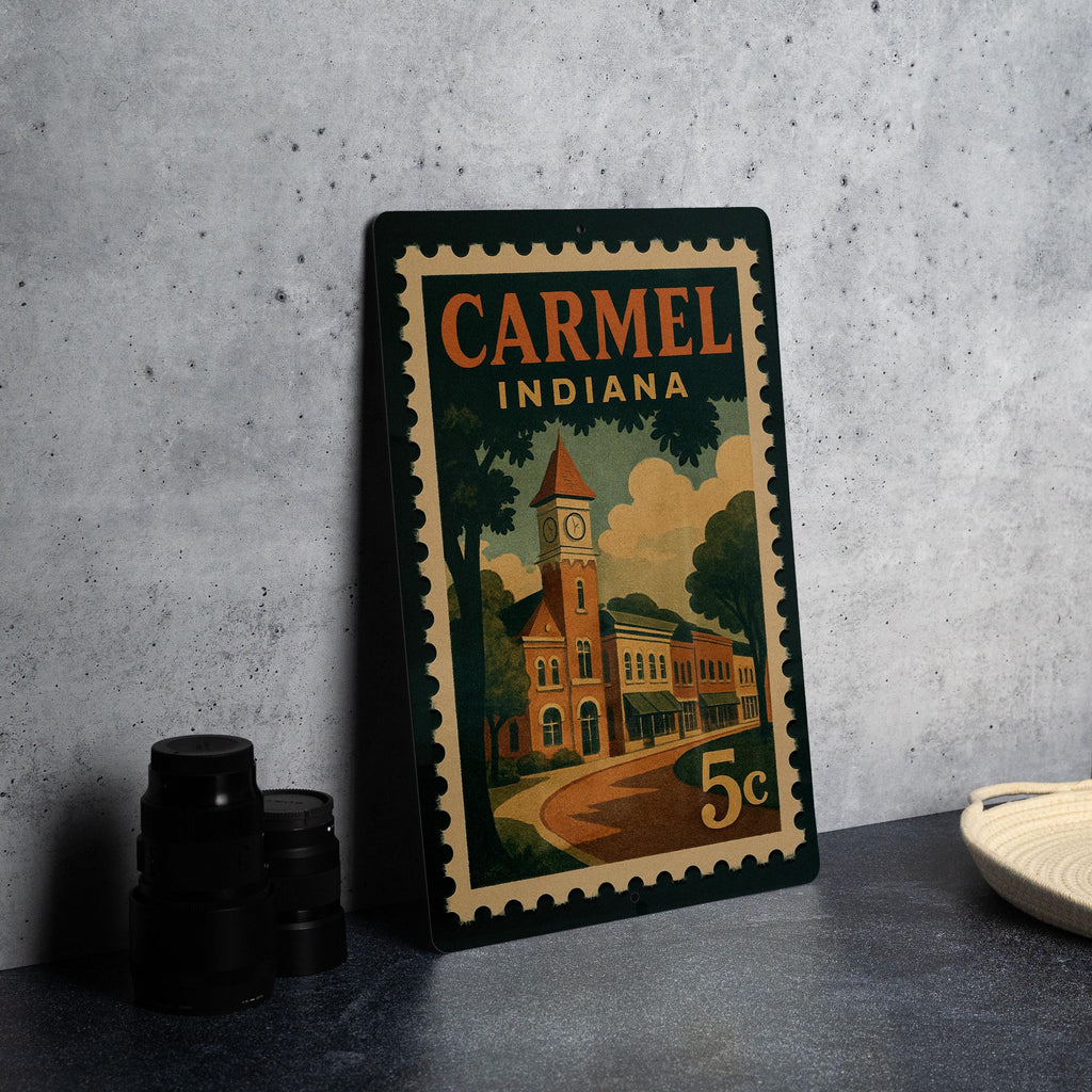 Carmel Indiana Retro Postage Stamp Metal Sign – Vintage Travel-Inspired Wall Decor Featuring Iconic City Design — photo 4