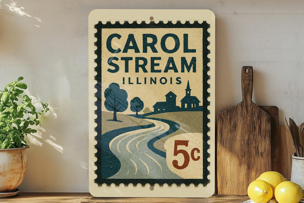 Carol Stream Illinois Metal Sign – Retro Postage Stamp Design Featuring Iconic Town Name and Vintage Travel Theme Décor — photo 1