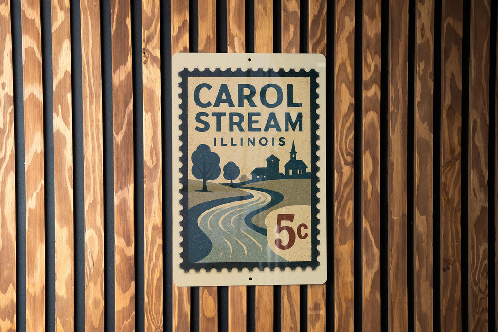 Carol Stream Illinois Metal Sign – Retro Postage Stamp Design Featuring Iconic Town Name and Vintage Travel Theme Décor — photo 2