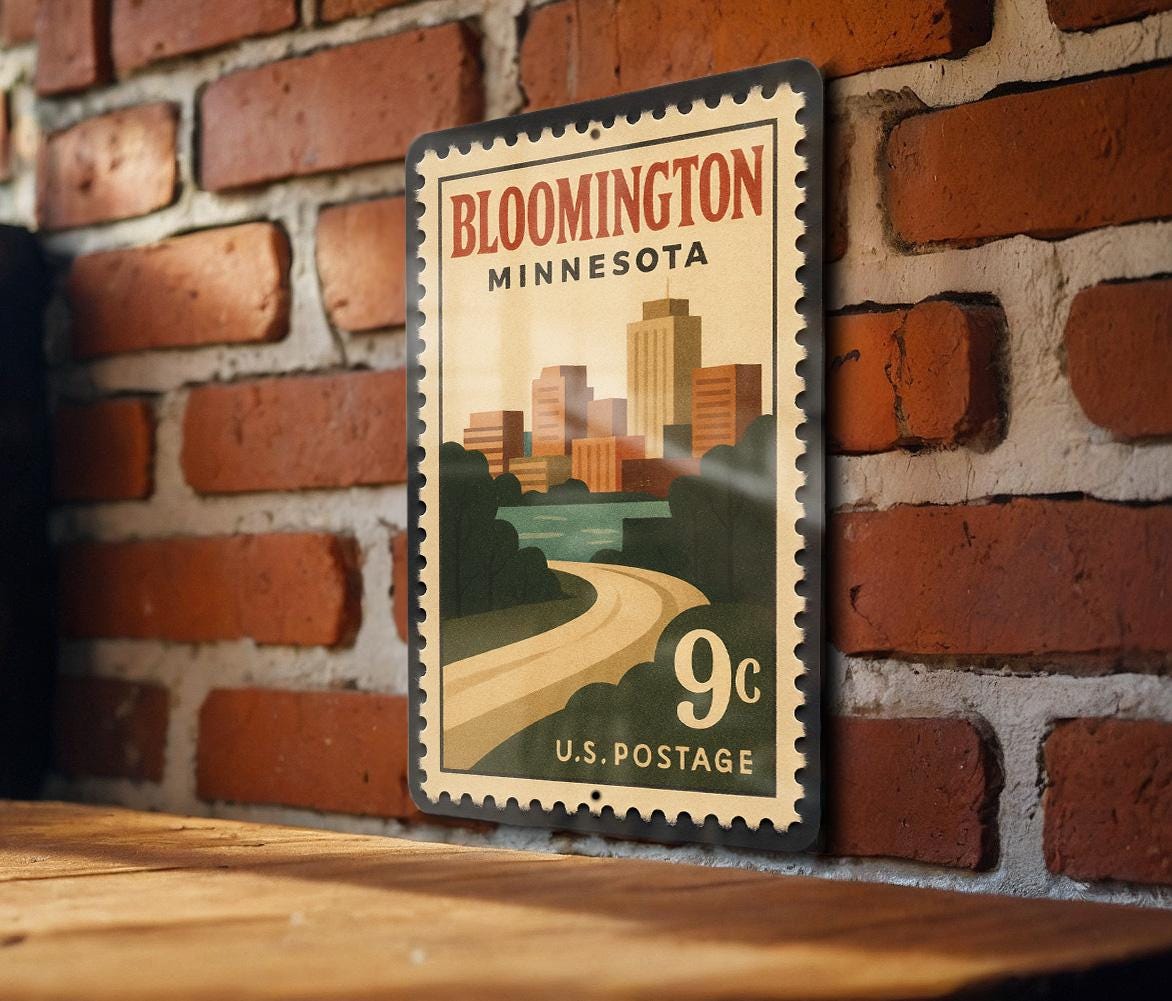 Bloomington Minnesota Metal Sign – Retro Postage Stamp Design Featuring Cityscape and Local Landmarks — photo 1