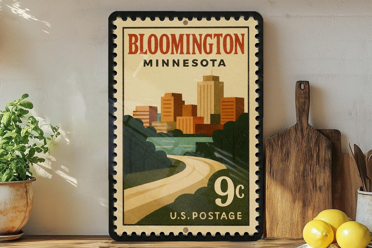 Bloomington Minnesota Metal Sign – Retro Postage Stamp Design Featuring Cityscape and Local Landmarks — photo 2
