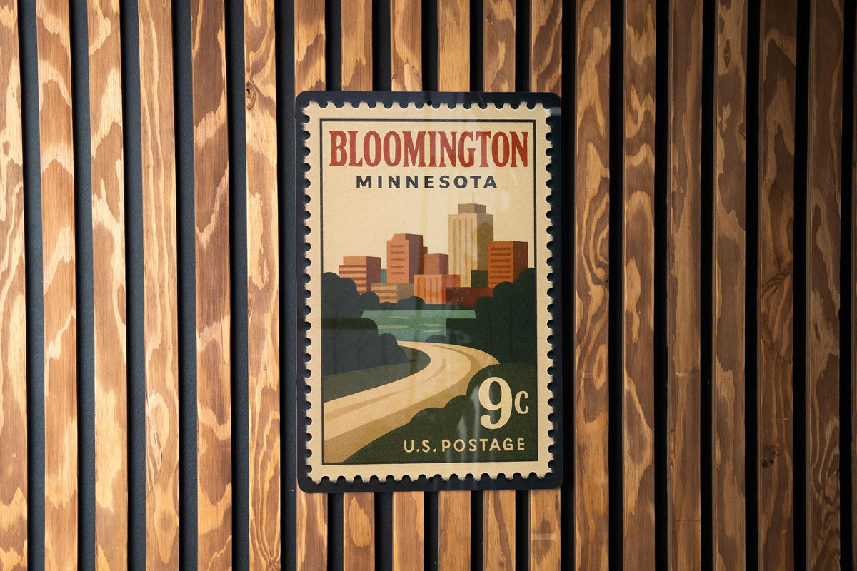 Bloomington Minnesota Metal Sign – Retro Postage Stamp Design Featuring Cityscape and Local Landmarks — photo 3
