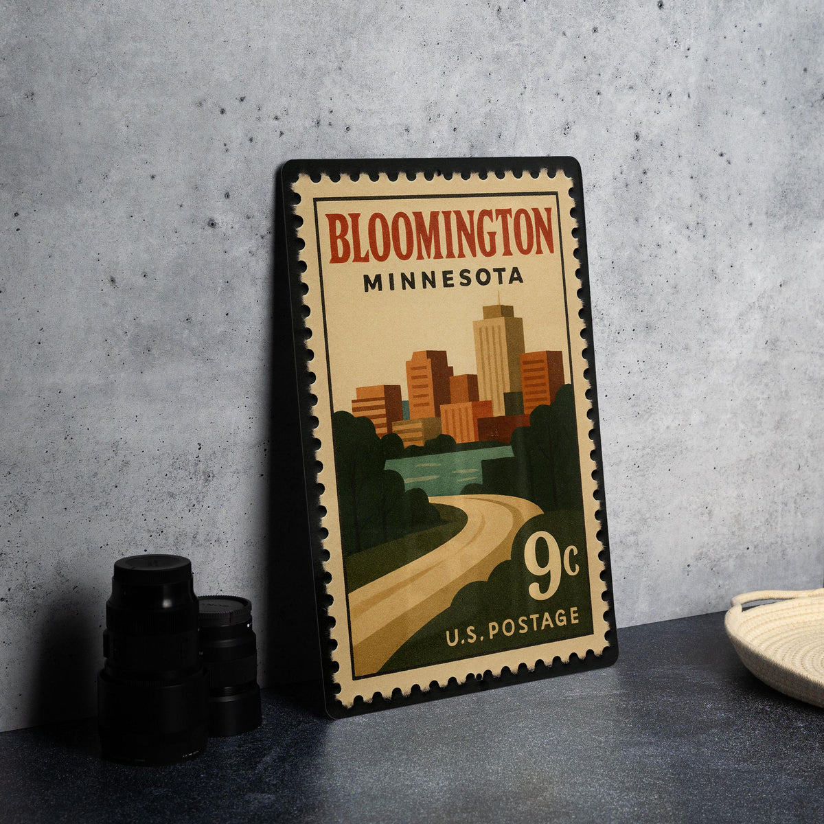 Bloomington Minnesota Metal Sign – Retro Postage Stamp Design Featuring Cityscape and Local Landmarks — photo 4