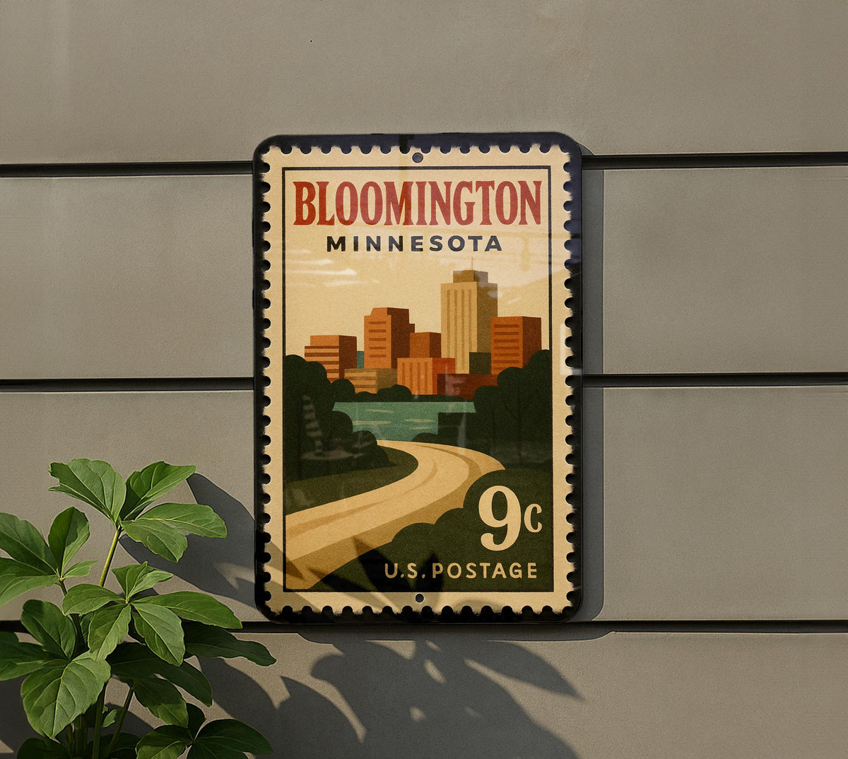 Bloomington Minnesota Metal Sign – Retro Postage Stamp Design Featuring Cityscape and Local Landmarks — photo 5