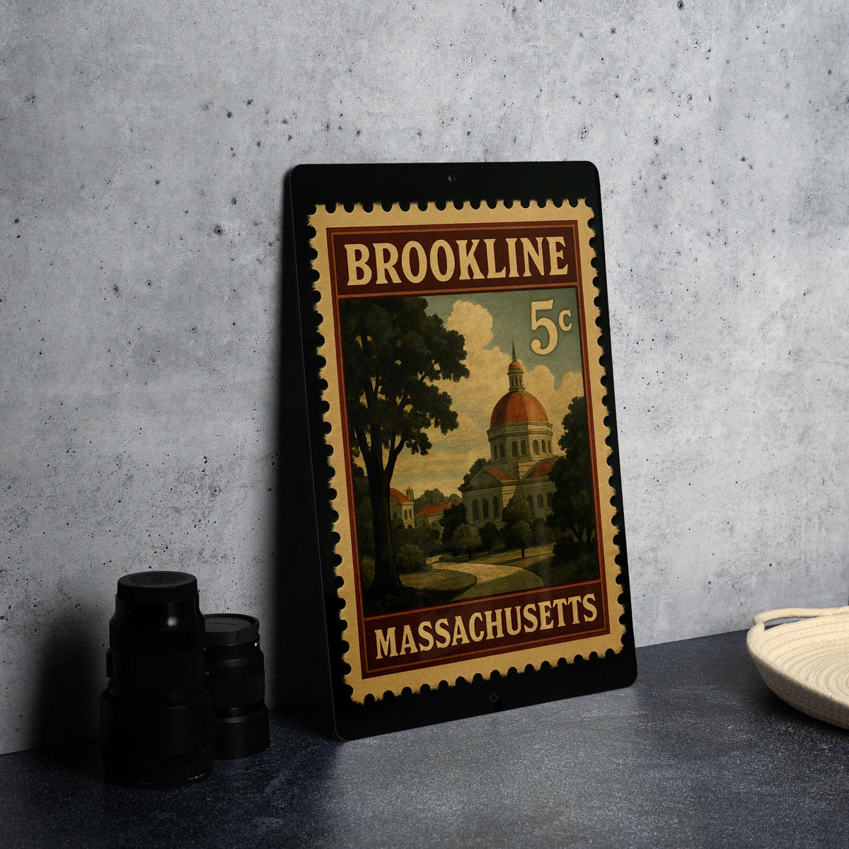 Brookline Massachusetts Metal Sign – Retro Postage Stamp Design Featuring Historic Town Scene — photo 4