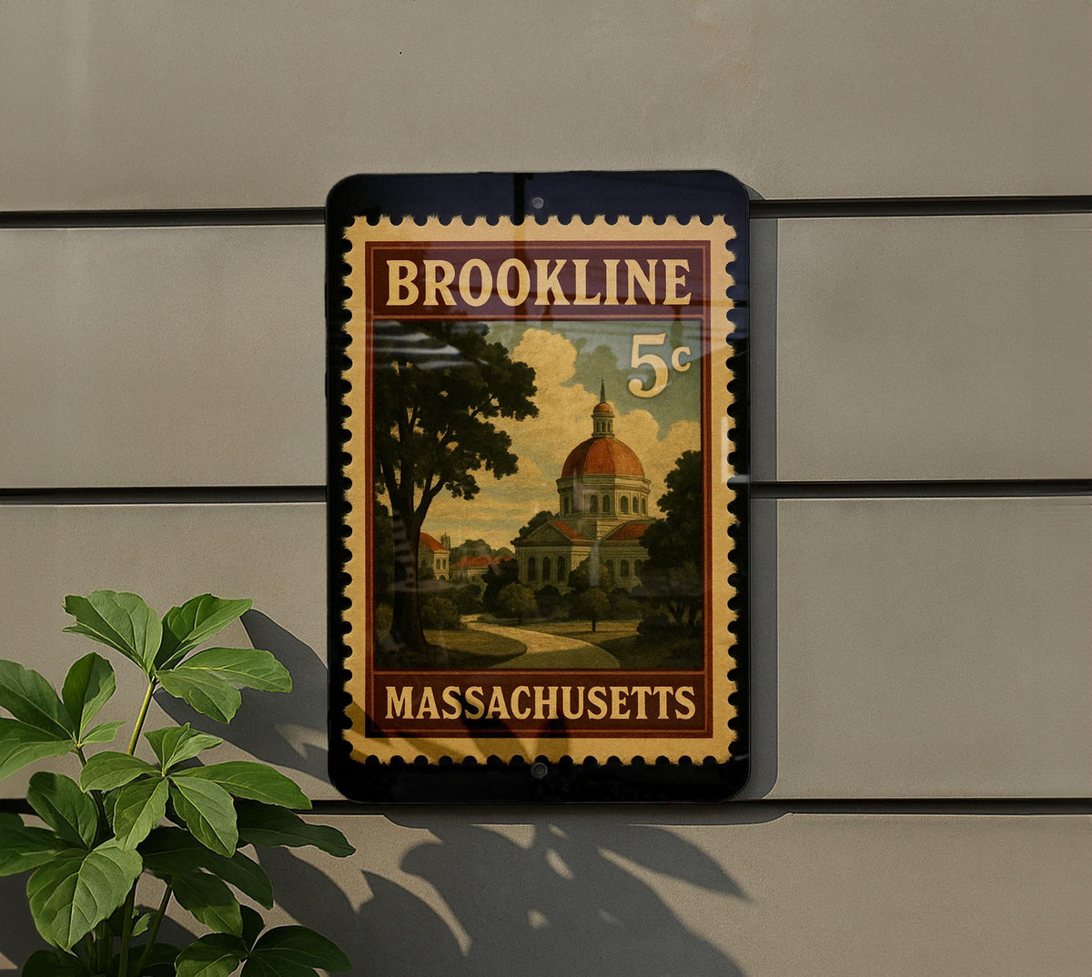 Brookline Massachusetts Metal Sign – Retro Postage Stamp Design Featuring Historic Town Scene — photo 5