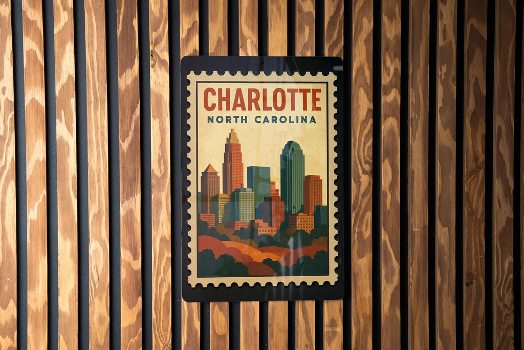 Charlotte North Carolina Metal Sign – Retro Postage Stamp Design Featuring City Skyline and Iconic Landmarks — photo 1