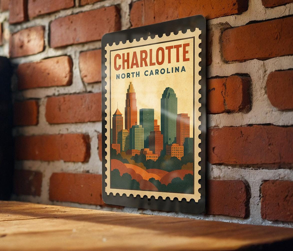 Charlotte North Carolina Metal Sign – Retro Postage Stamp Design Featuring City Skyline and Iconic Landmarks — photo 2