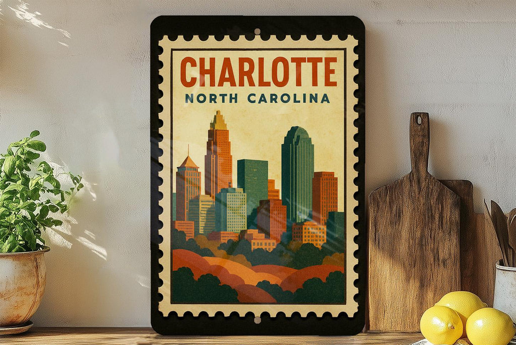 Charlotte North Carolina Metal Sign – Retro Postage Stamp Design Featuring City Skyline and Iconic Landmarks — photo 3