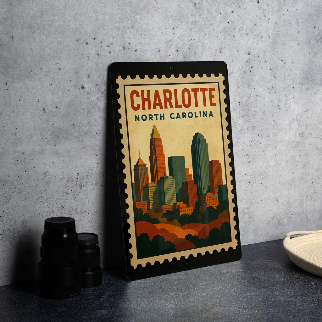 Charlotte North Carolina Metal Sign – Retro Postage Stamp Design Featuring City Skyline and Iconic Landmarks — photo 4