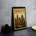 Charlotte North Carolina Metal Sign – Retro Postage Stamp Design Featuring City Skyline and Iconic Landmarks — photo 4