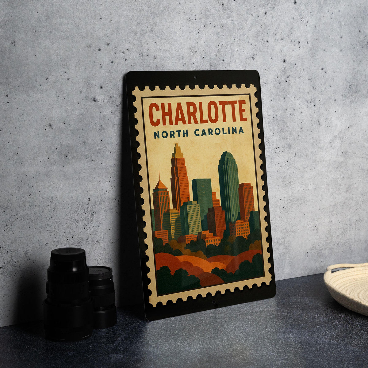 Charlotte North Carolina Metal Sign – Retro Postage Stamp Design Featuring City Skyline and Iconic Landmarks — photo 4