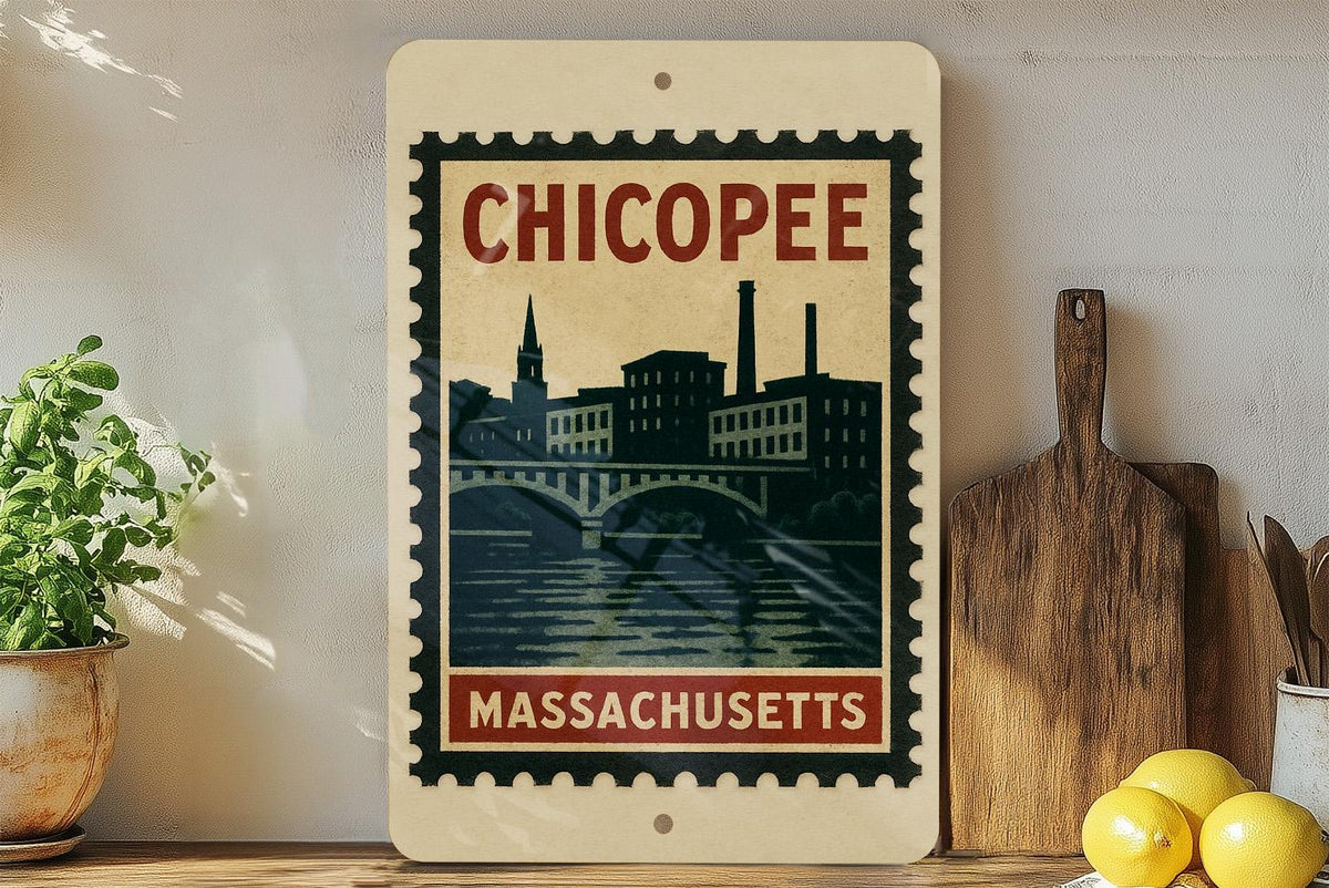 Chicopee Massachusetts Metal Sign – Retro Postage Stamp Design Featuring Historic City Landmarks and Scenic Views — photo 1