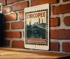 Chicopee Massachusetts Metal Sign – Retro Postage Stamp Design Featuring Historic City Landmarks and Scenic Views — photo 3