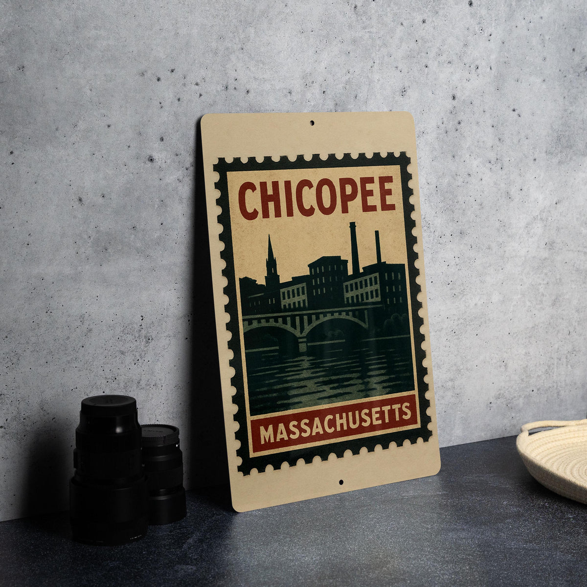 Chicopee Massachusetts Metal Sign – Retro Postage Stamp Design Featuring Historic City Landmarks and Scenic Views — photo 4