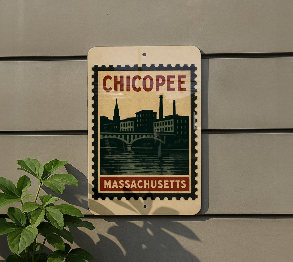 Chicopee Massachusetts Metal Sign – Retro Postage Stamp Design Featuring Historic City Landmarks and Scenic Views — photo 5