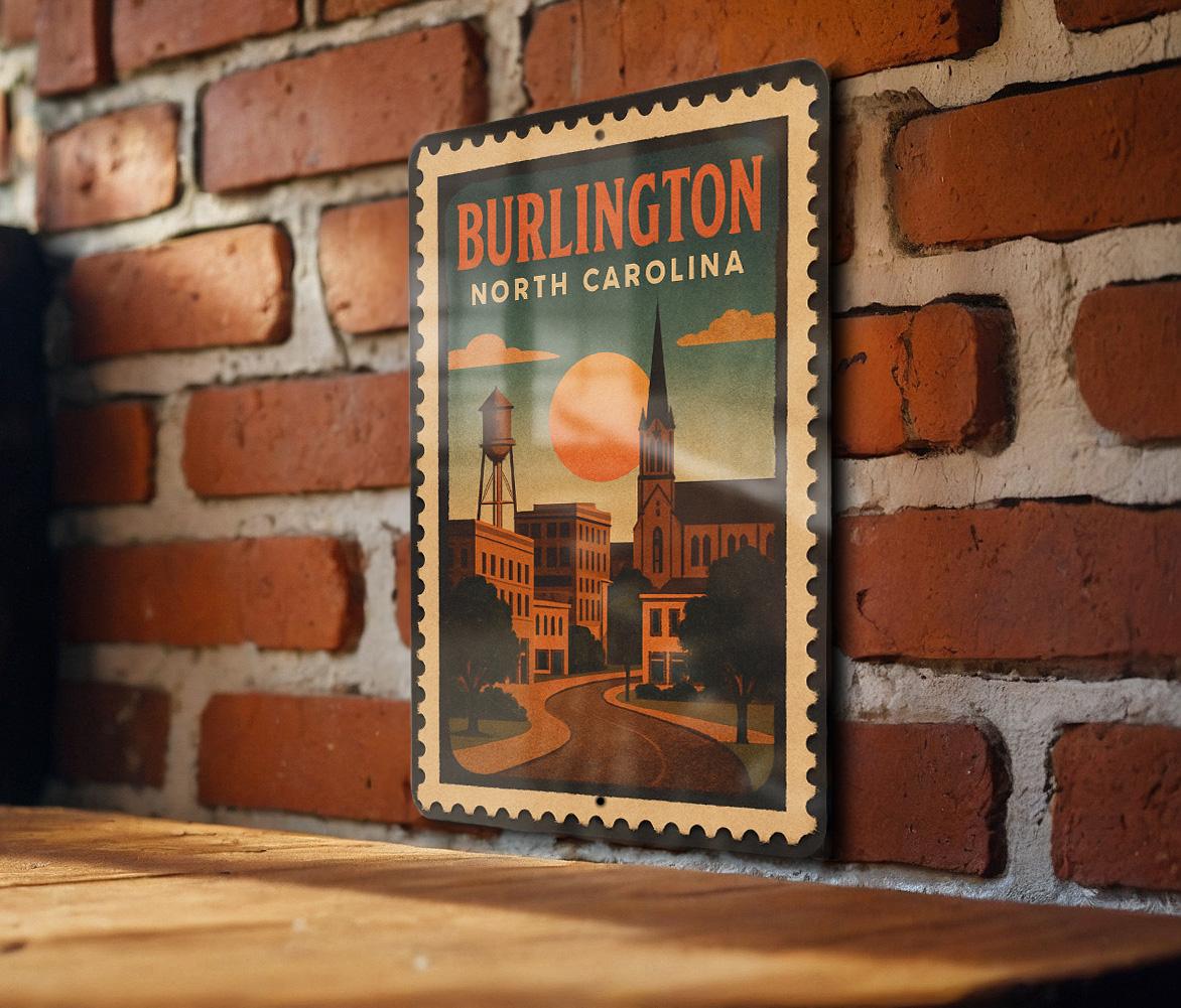 Burlington North Carolina Metal Sign Featuring Retro Postage Stamp Design and Vintage Travel Theme Decor — photo 2