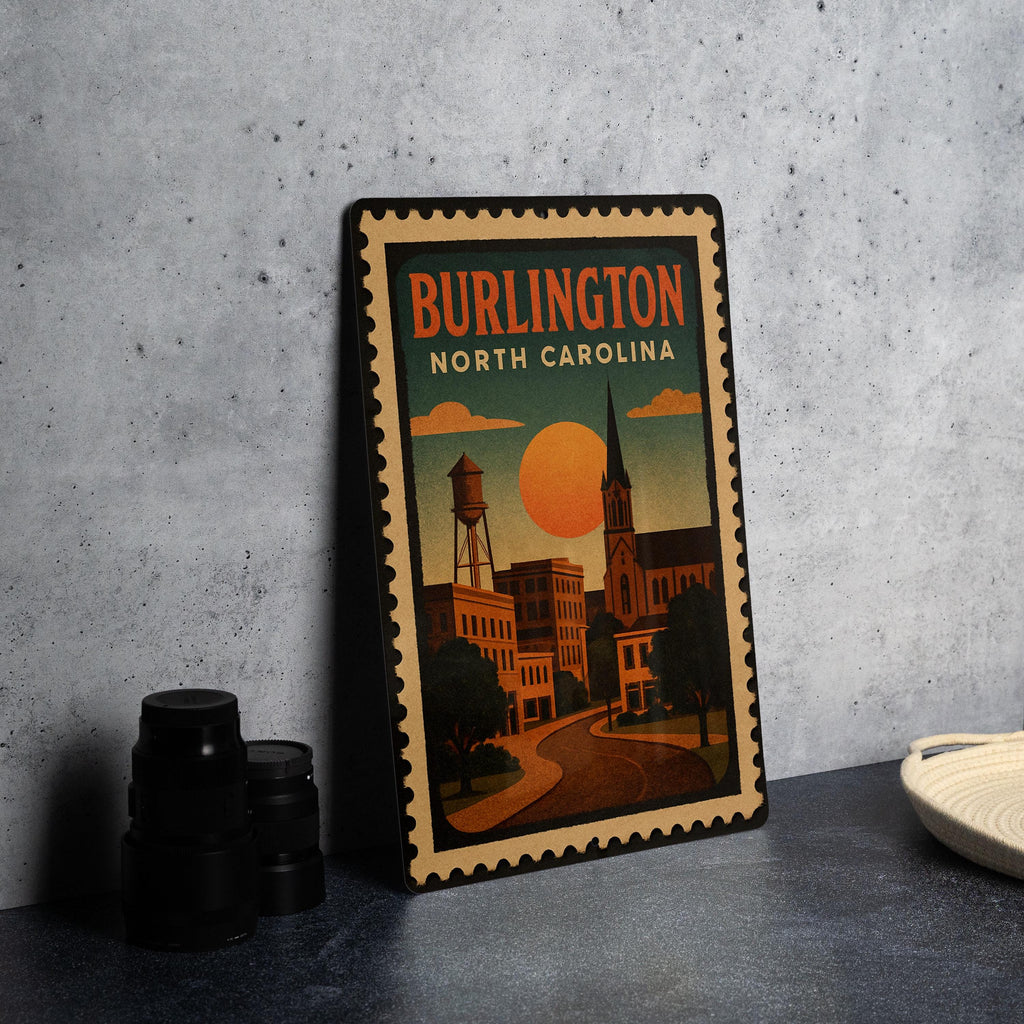 Burlington North Carolina Metal Sign Featuring Retro Postage Stamp Design and Vintage Travel Theme Decor — photo 4