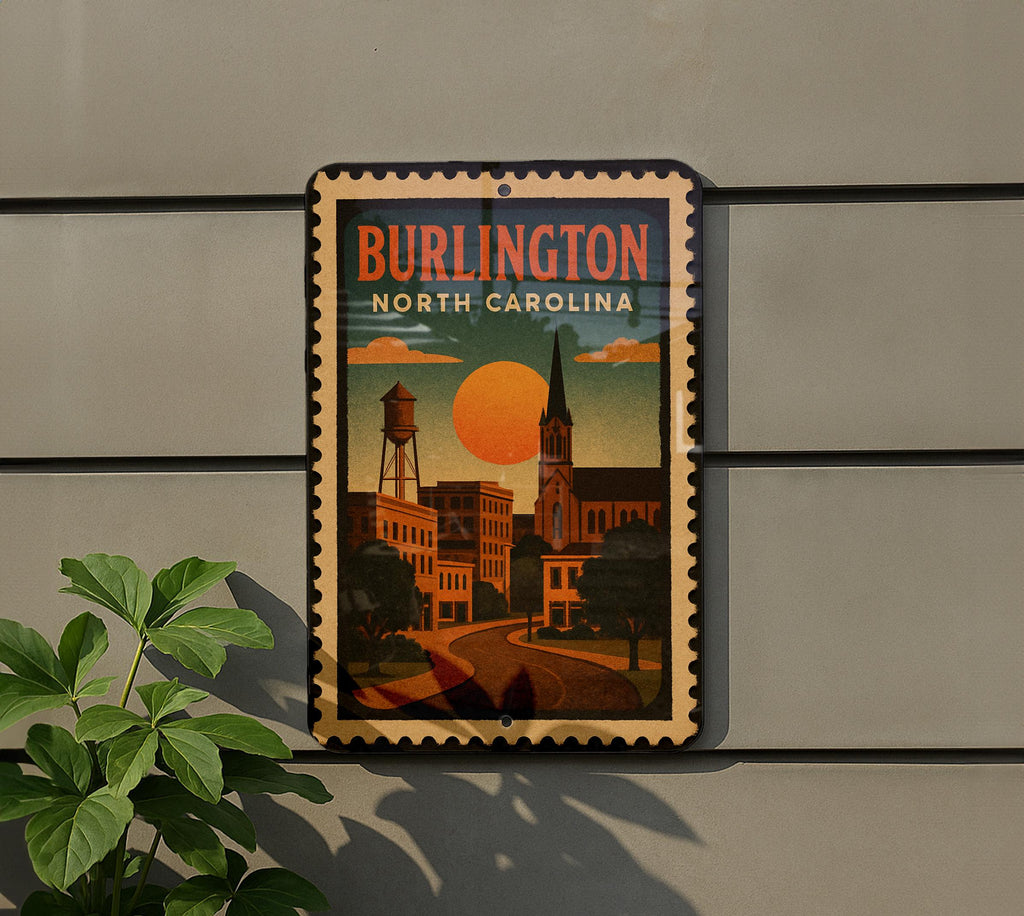 Burlington North Carolina Metal Sign Featuring Retro Postage Stamp Design and Vintage Travel Theme Decor — photo 5