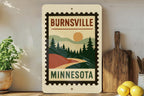 Burnsville Minnesota Metal Sign – Retro Postage Stamp Design Featuring Cityscape and Local Landmarks — photo 1