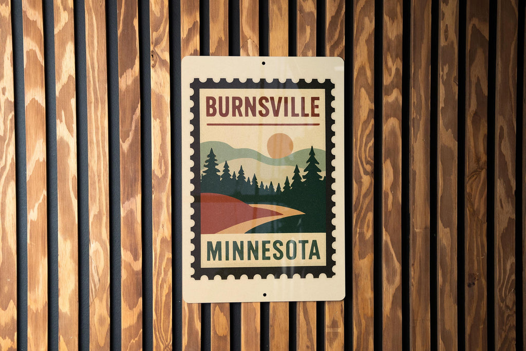 Burnsville Minnesota Metal Sign – Retro Postage Stamp Design Featuring Cityscape and Local Landmarks — photo 2