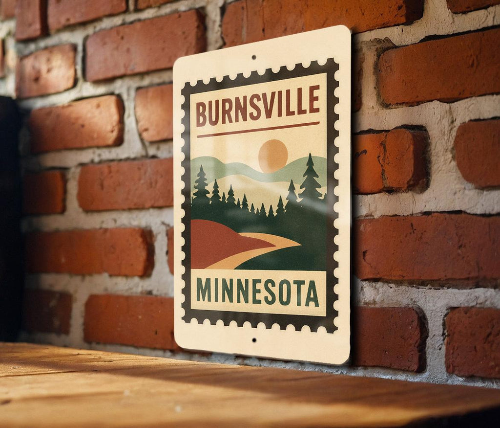 Burnsville Minnesota Metal Sign – Retro Postage Stamp Design Featuring Cityscape and Local Landmarks — photo 3