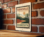 Burnsville Minnesota Metal Sign – Retro Postage Stamp Design Featuring Cityscape and Local Landmarks — photo 3