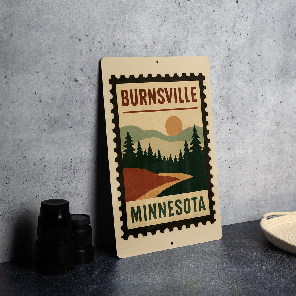 Burnsville Minnesota Metal Sign – Retro Postage Stamp Design Featuring Cityscape and Local Landmarks — photo 4