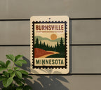 Burnsville Minnesota Metal Sign – Retro Postage Stamp Design Featuring Cityscape and Local Landmarks — photo 5