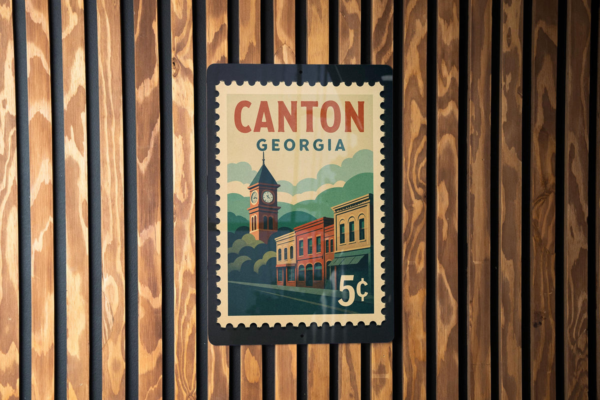 Canton Georgia Metal Sign Featuring Retro Postage Stamp Design with Historic Landmark and Scenic City View — photo 1