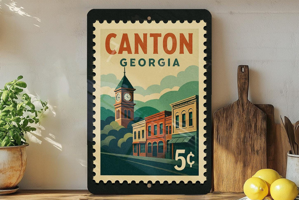 Canton Georgia Metal Sign Featuring Retro Postage Stamp Design with Historic Landmark and Scenic City View — photo 2
