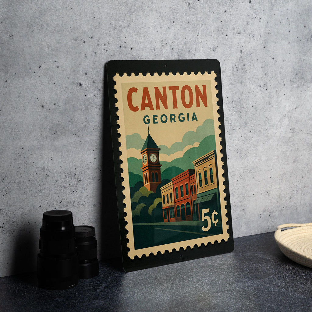 Canton Georgia Metal Sign Featuring Retro Postage Stamp Design with Historic Landmark and Scenic City View — photo 4