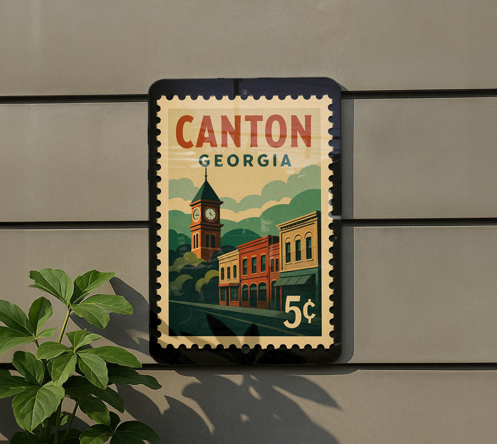 Canton Georgia Metal Sign Featuring Retro Postage Stamp Design with Historic Landmark and Scenic City View — photo 5