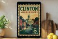 Clinton Mississippi Metal Sign Featuring Retro Postage Stamp Design with Historic Town and Scenic Landmark Elements — photo 1